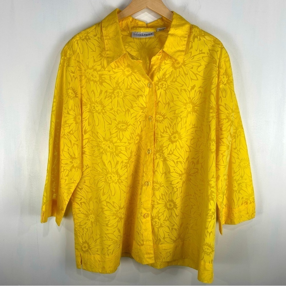 Sag Harbor Semi Sheer Sunflower Floral Button Up Down Blouse Bright Yellow XL